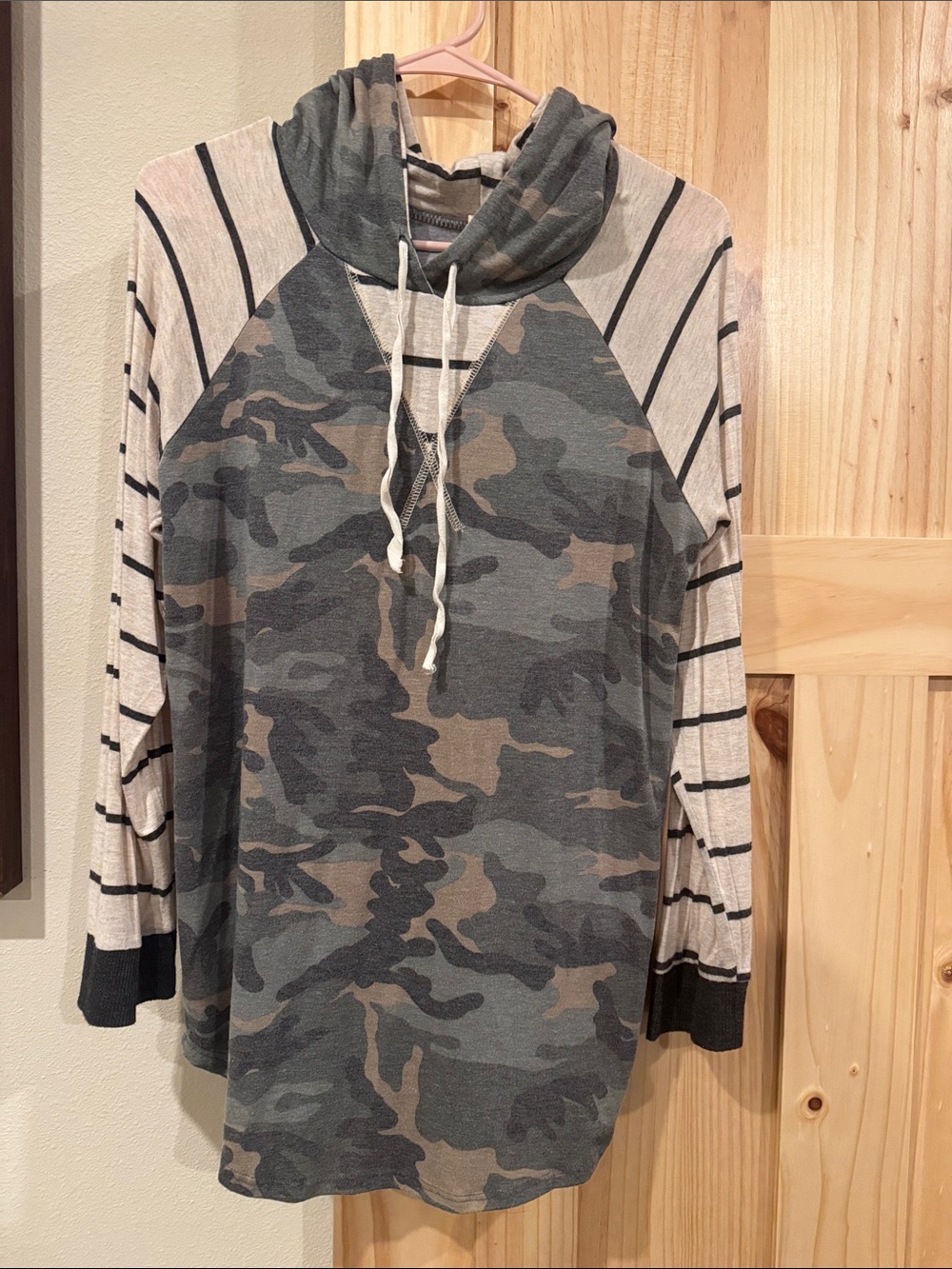 7th Ray Camo Hooded Pullover with Striped Raglan Sleeves